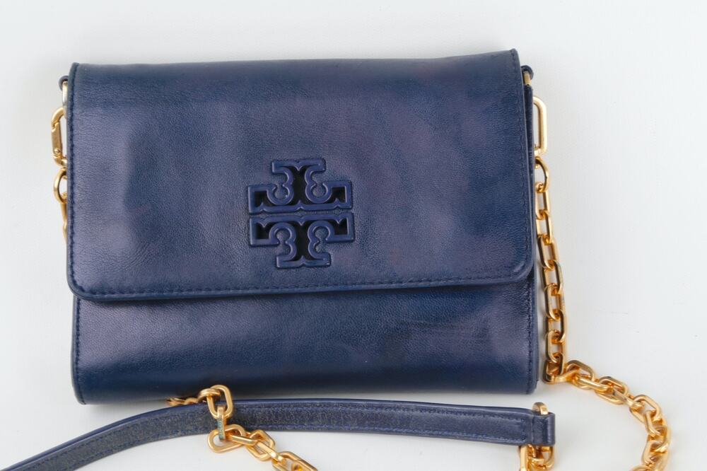 Tory Burch Lily Navy Blue Leather Convertible Chain Crossbody Bag Clutch Wallet